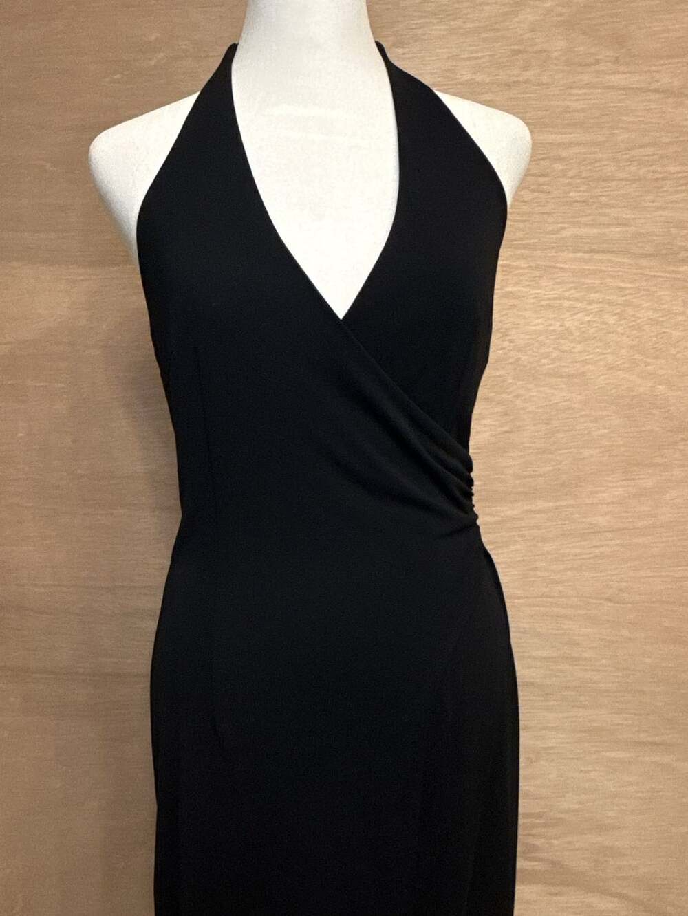 Y2K Express Black Halter Neck Wrap Midi Dress with Ruched Waist